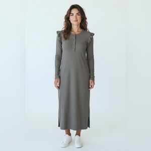 NWT Z Supply Henley Maxi Dress Ruffle Shoulder Long Sleeve Grey Blue Soft Knit